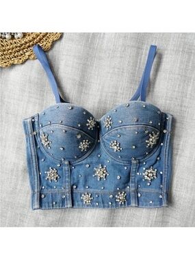 Kaylee Kollection Denim Rhinestone Corset Summer Top